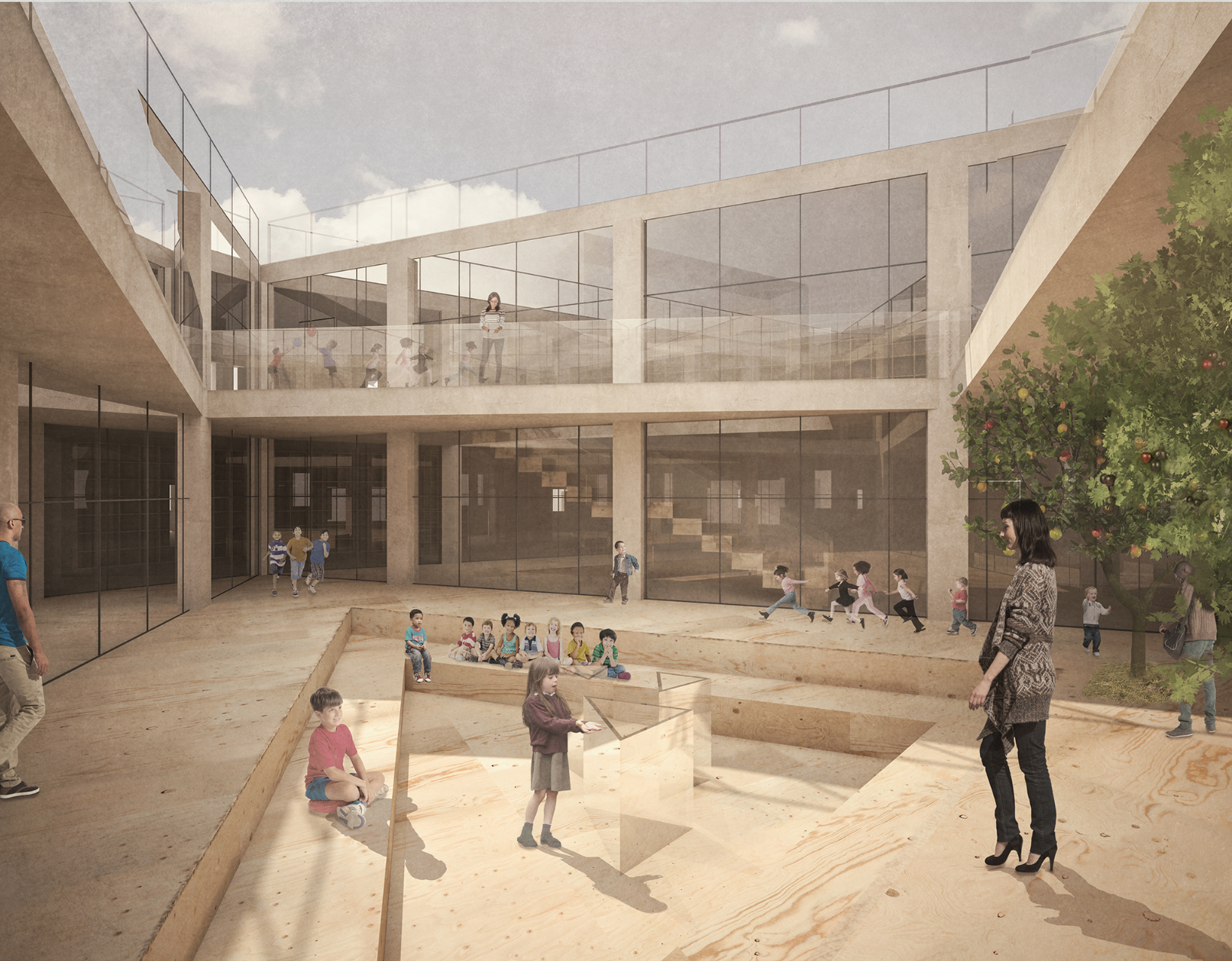 Internal courtyard with timber-edged sandpit, glazed facades, and children gathering under diffuse daylight