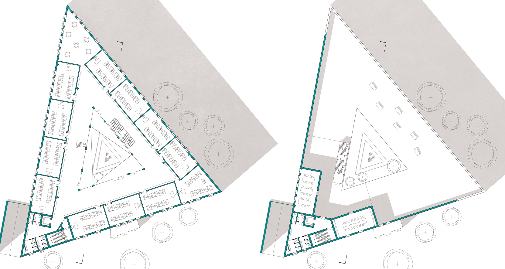 Two floor plan drawings of a triangular school building showing classroom layouts and central courtyard