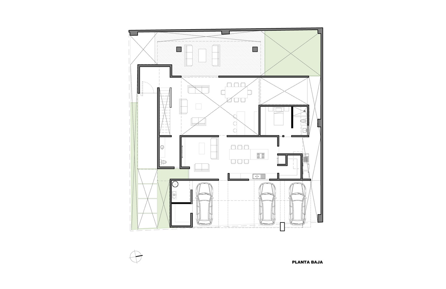 Ground floor plan drawing showing living spaces, a three-car garage, and a planted strip along one edge