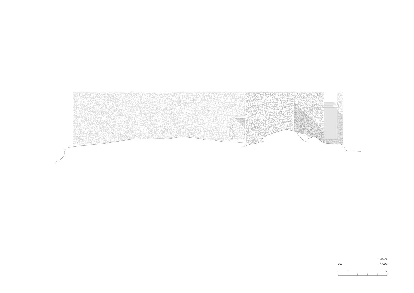 Elevation drawing showing a long horizontal facade with textured stone cladding following the sloping ground line