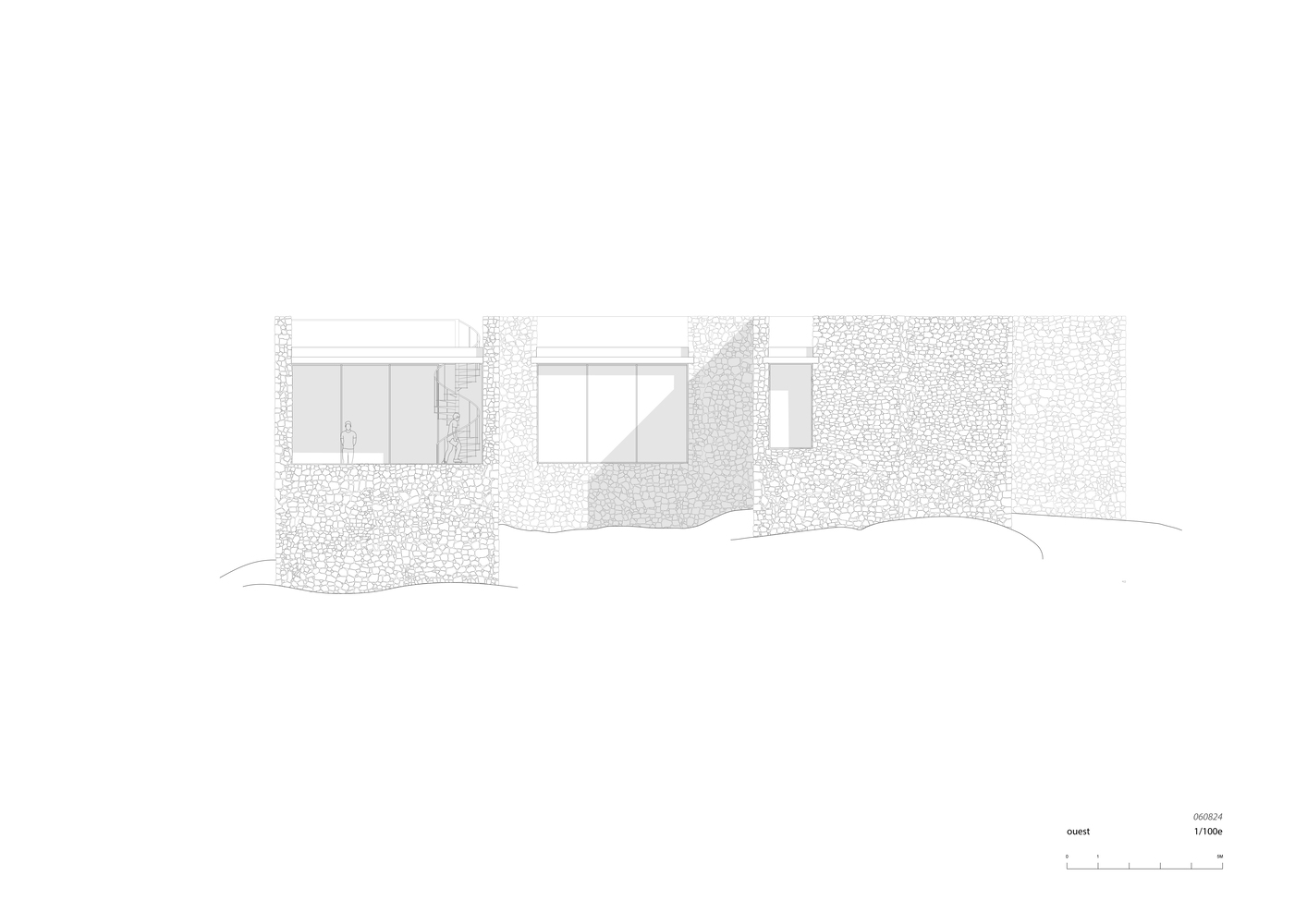 Elevation drawing displaying glazed openings framed by stone masses along a sloping site