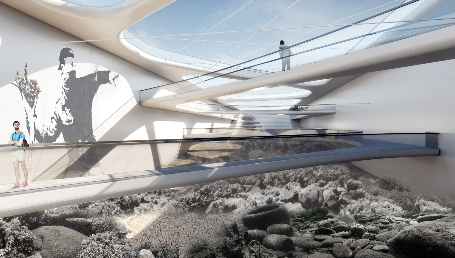 Underwater Viewpoint: A transparent walkway highlighting marine life and ecological harmony.