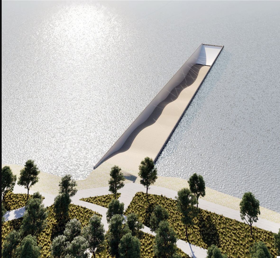 Slit in the Sea: The conceptual divide that blends dynamic architecture with nature's serenity.