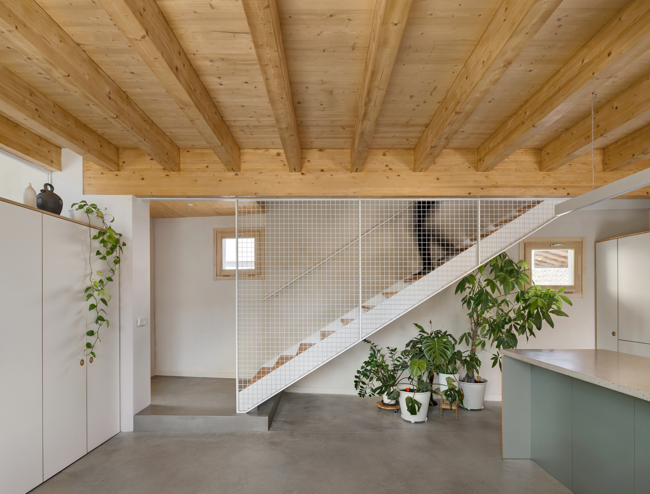 White mesh-wrapped staircase beneath exposed timber ceiling beams with potted plants below