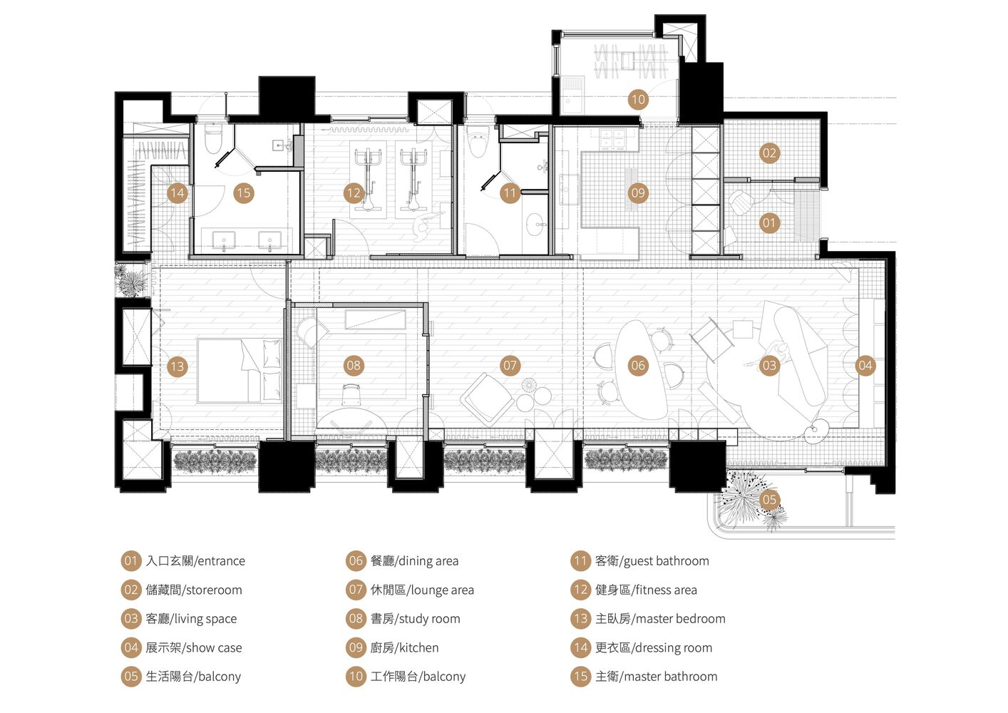Floor plan drawing showing a linear apartment layout with balconies and labeled room functions