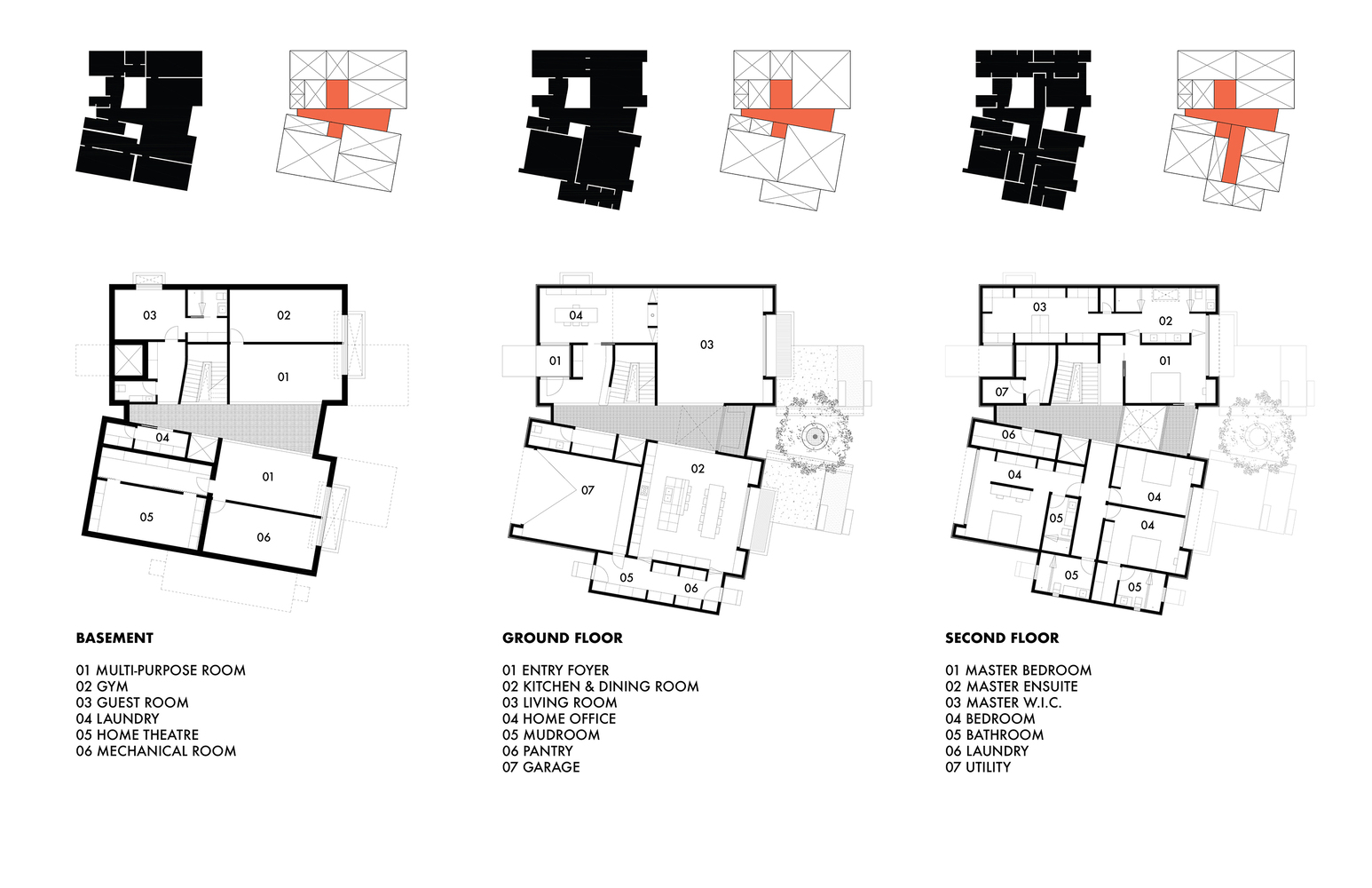 Floor plan drawings showing basement, ground floor and second floor layouts with labeled rooms