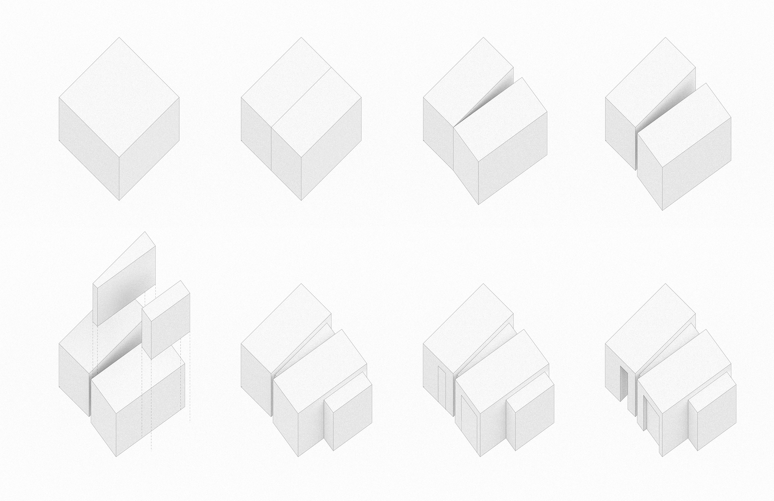 Axonometric diagram showing eight sequential steps in the volumetric assembly of interlocking forms