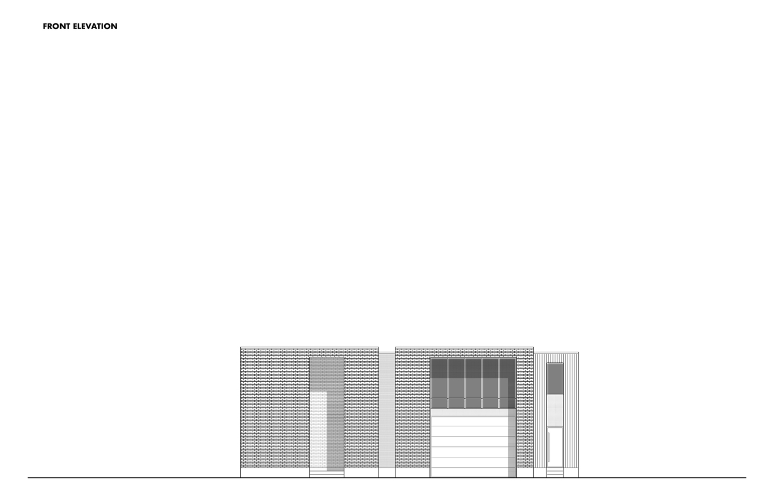 Front elevation drawing depicting facade with large window opening and recessed entry passage