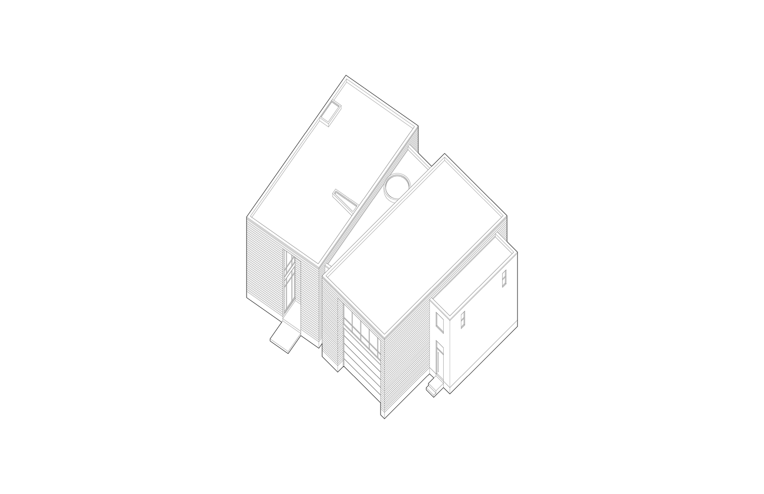 Axonometric drawing showing two connected gabled volumes with courtyard space between them