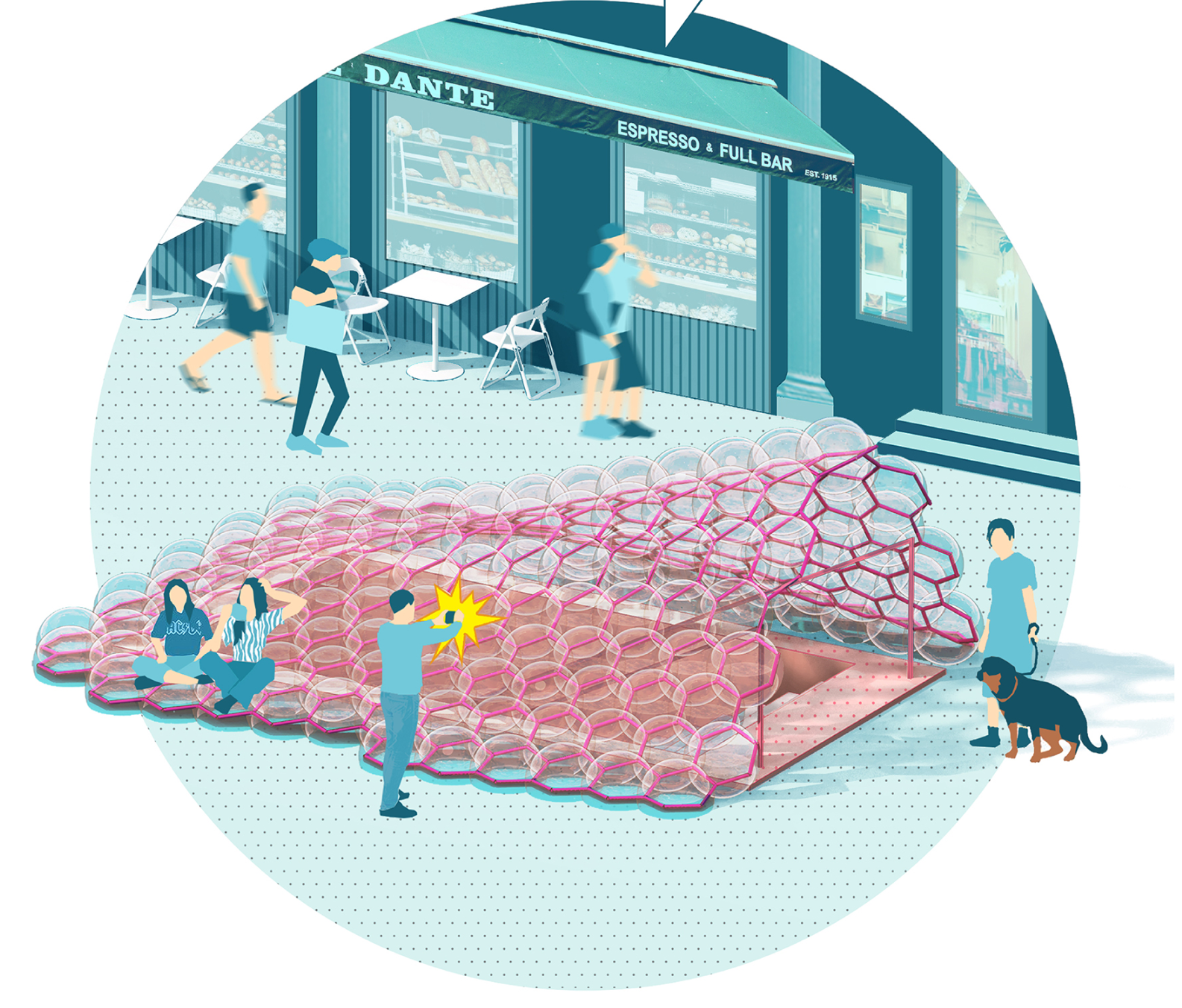 A bubble-integrated entrance transforms NYC subway stations into dynamic urban landmarks.