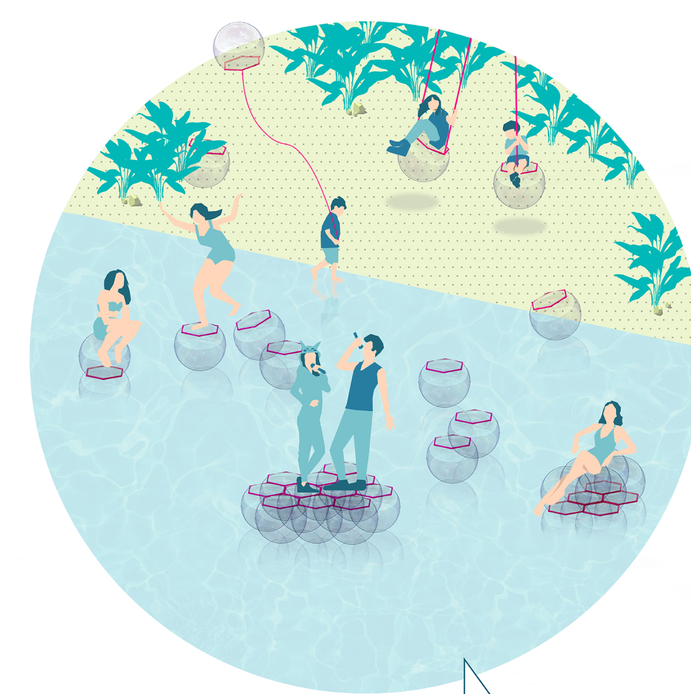 Floating bubbles enhance waterfront recreation as furniture and aquatic toys.