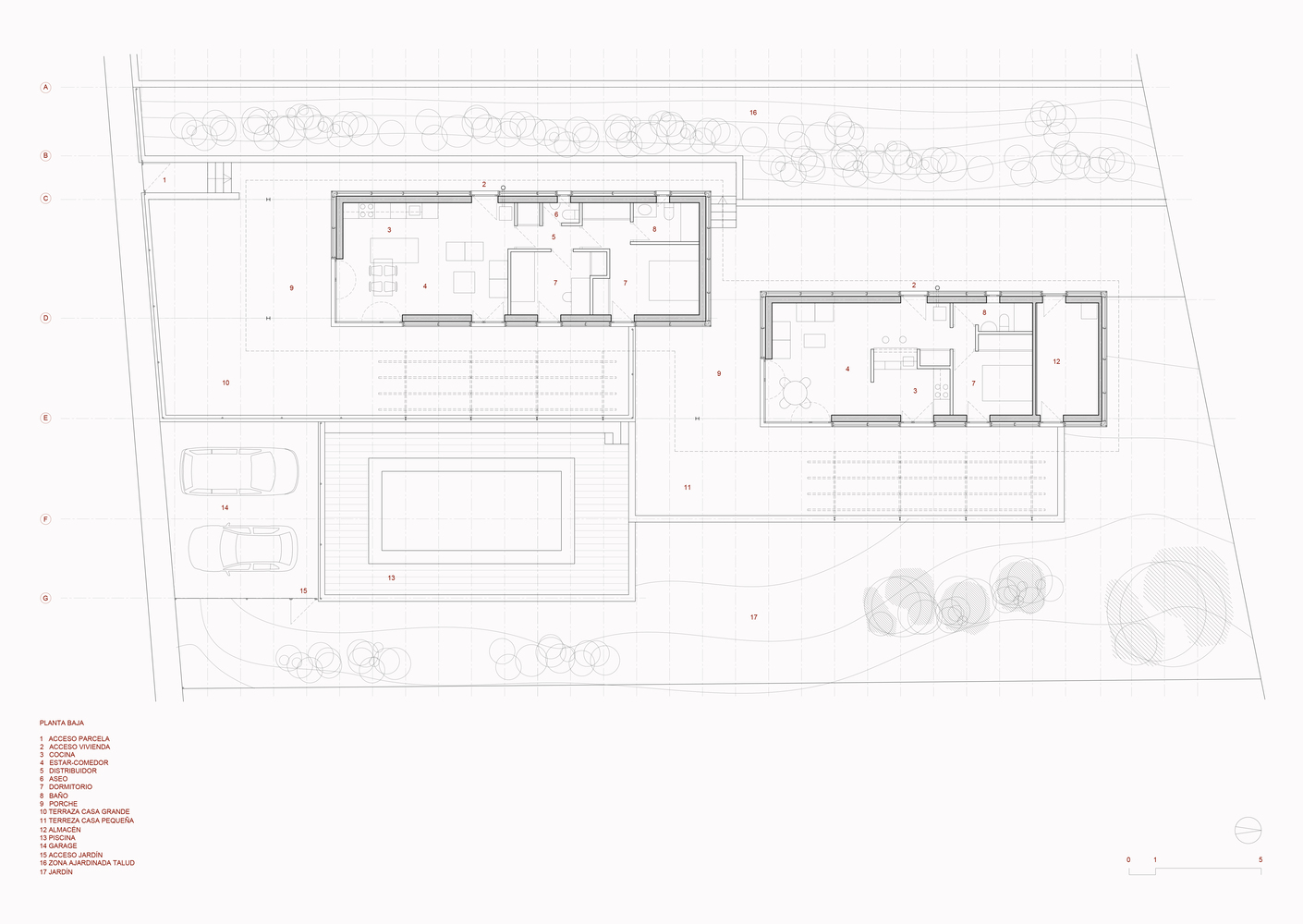 Floor plan drawing showing two volumes with terraces, pool and parking on a sloped site