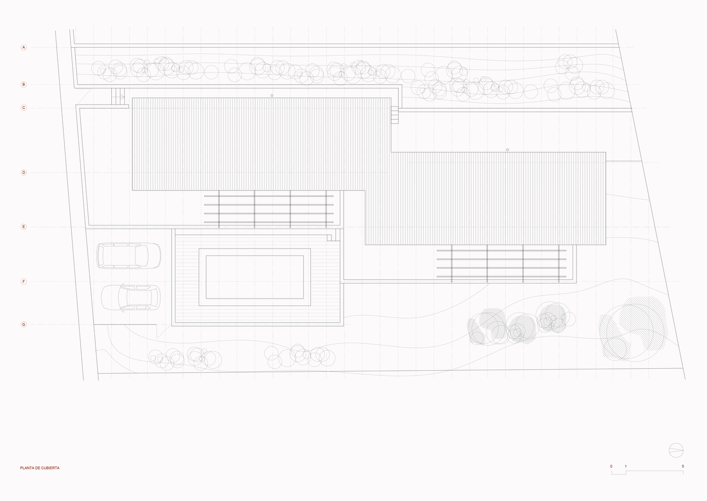 Site plan drawing showing two rectangular volumes with courtyards and tree canopies along the perimeter