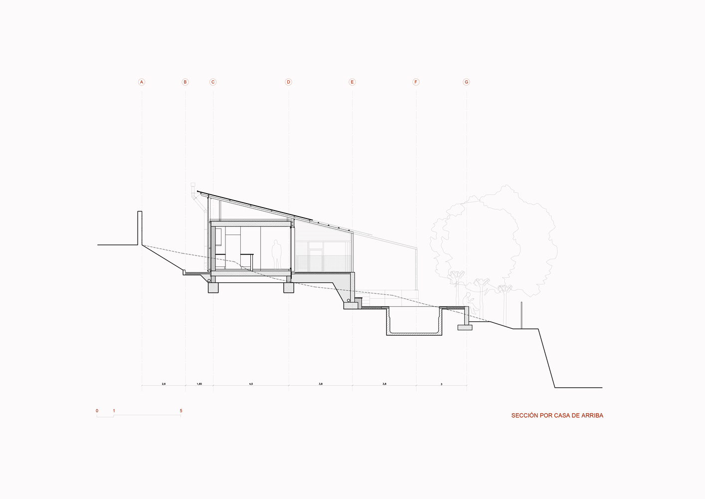 Section drawing revealing a stepped interior with sloped roof following the descending hillside terrain