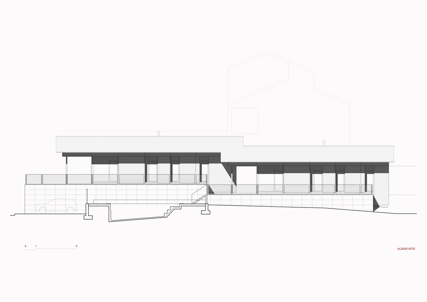 Elevation drawing depicting horizontal bands of glazing beneath deep overhangs and a flat roofline