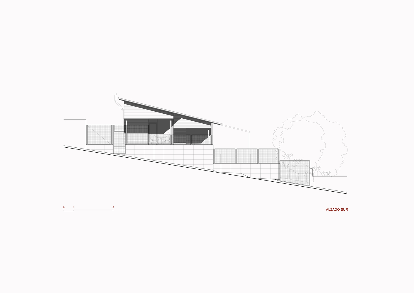 Elevation drawing showing the angled roof and split-level volumes stepping down the slope