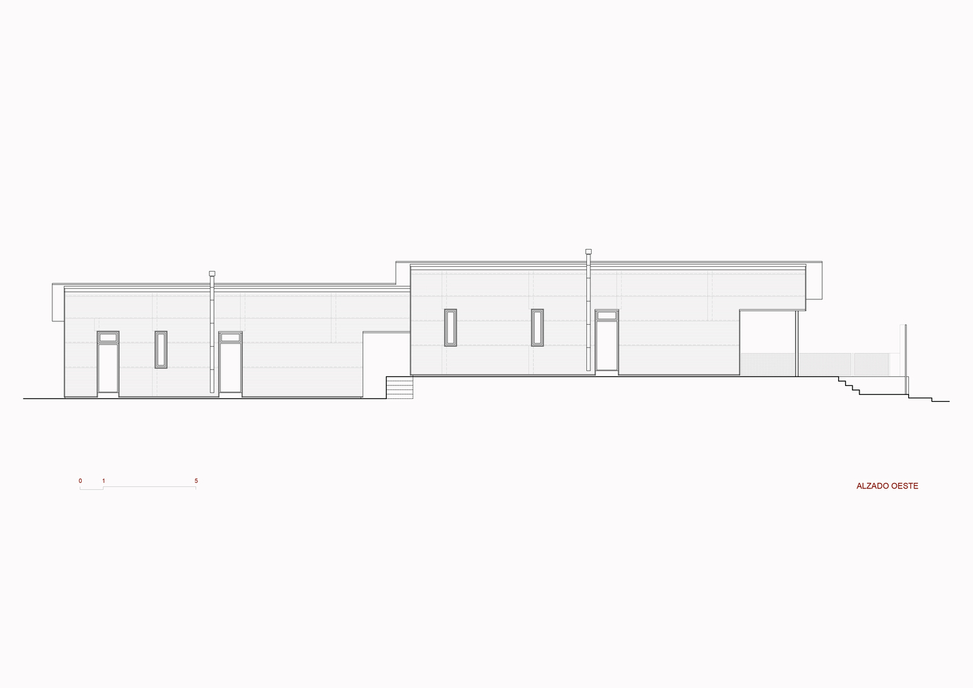 Elevation drawing showing the street-facing facade with stepped volumes on sloping terrain