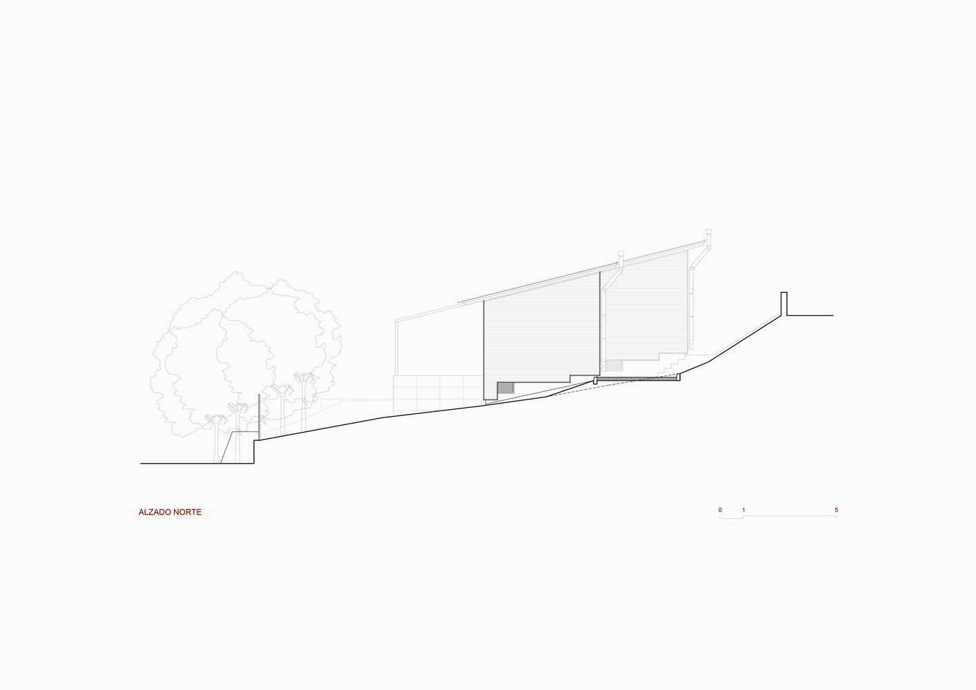 Elevation drawing showing glazed facade panels stepping down along the grade with a tree at left