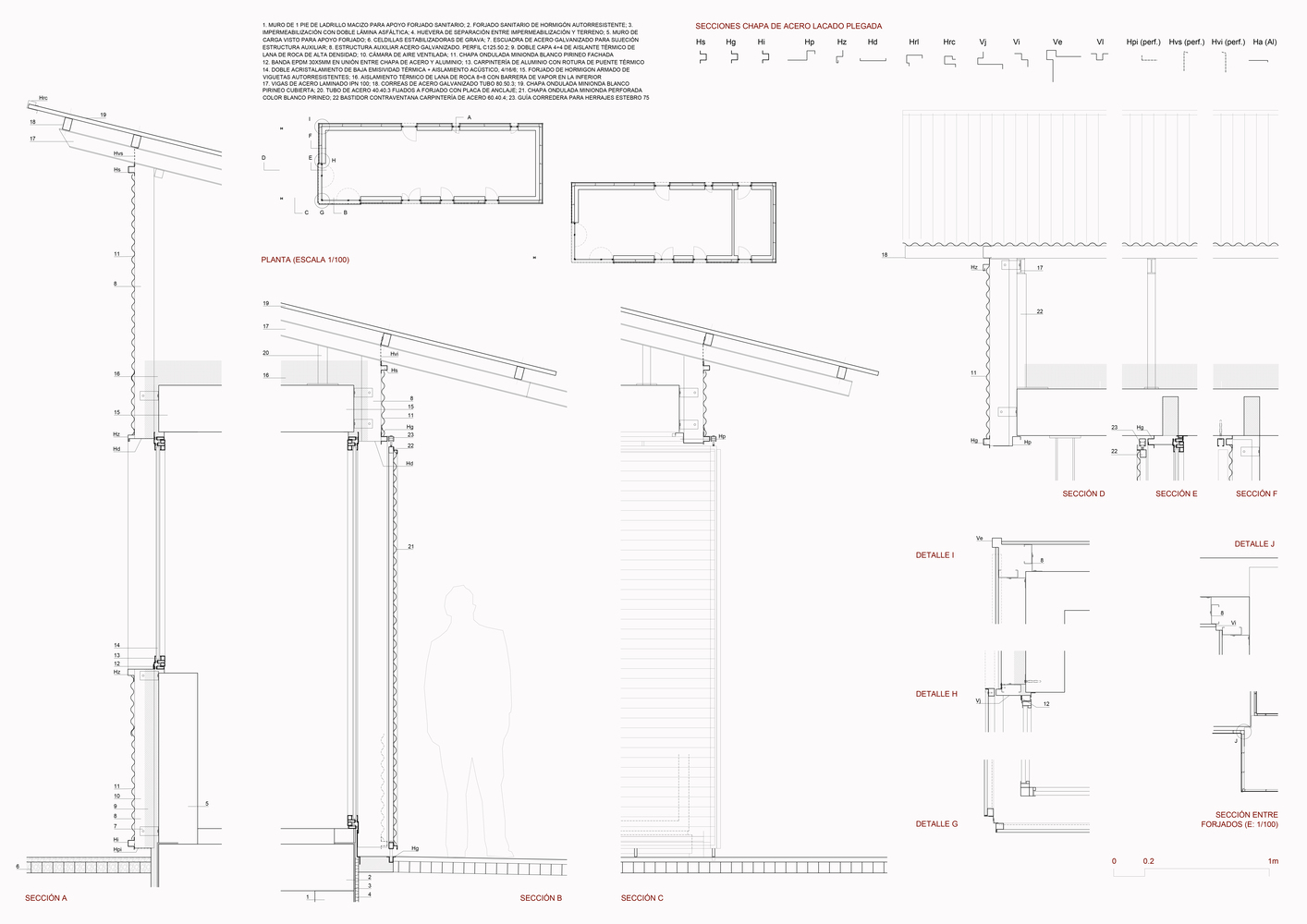 Construction detail drawings showing sloped roof sections with column connections and floor plans