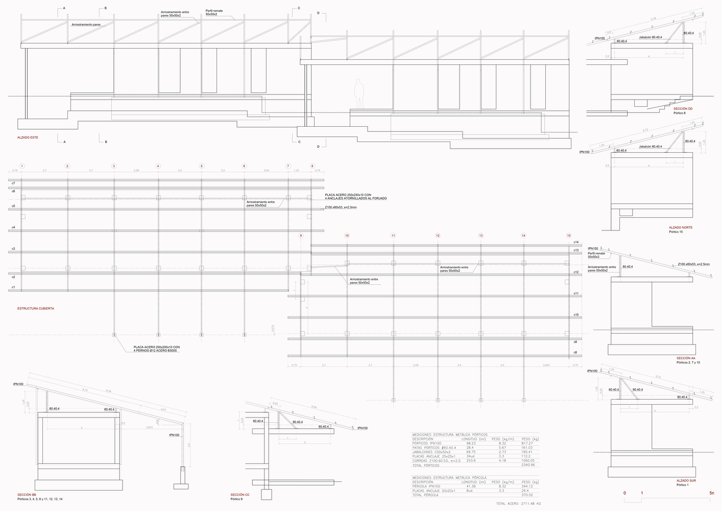 Elevation and section drawings depicting structural grid with vertical supports and horizontal members