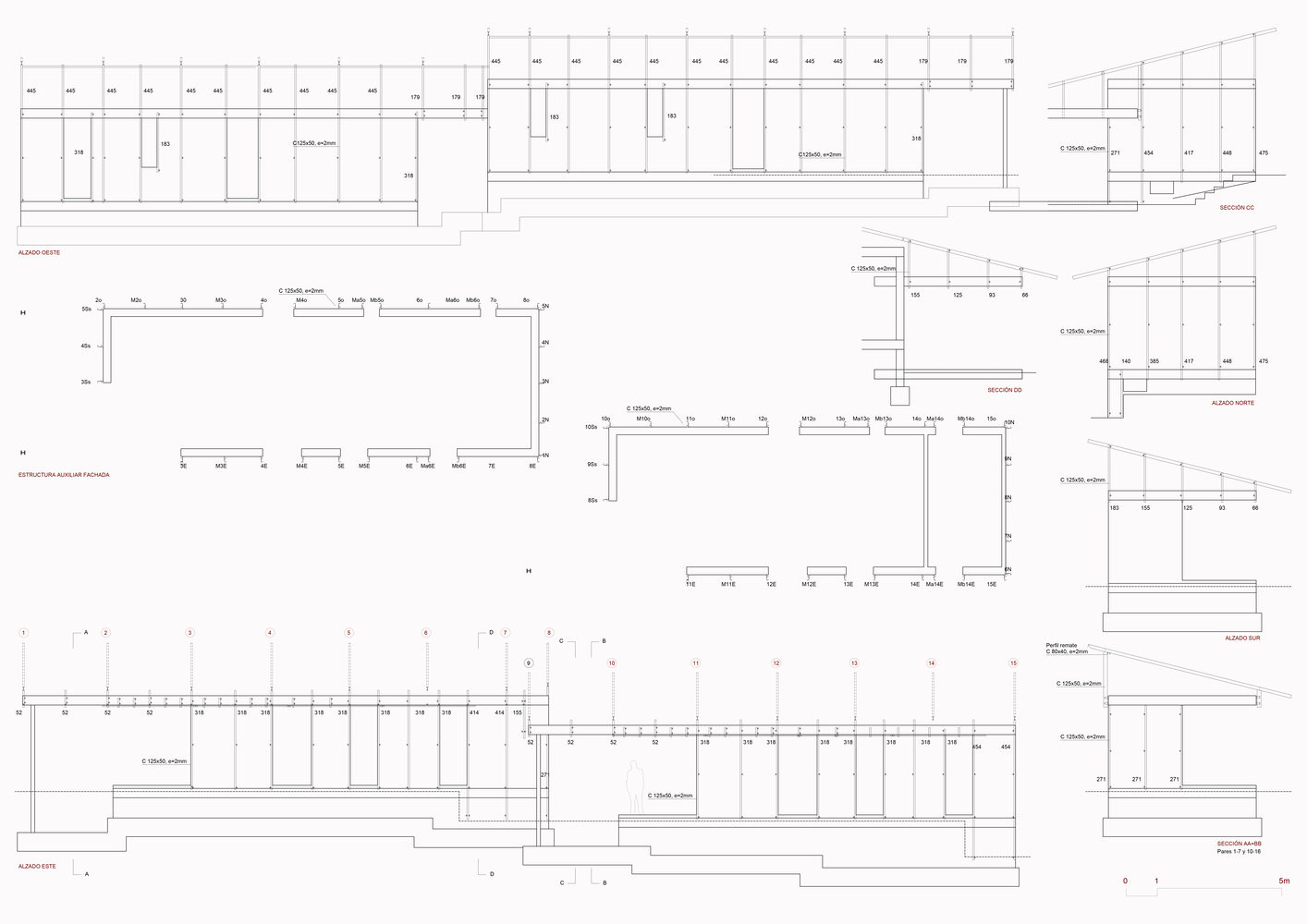 Building elevation drawings showing angled roof profiles and foundation details at varying levels