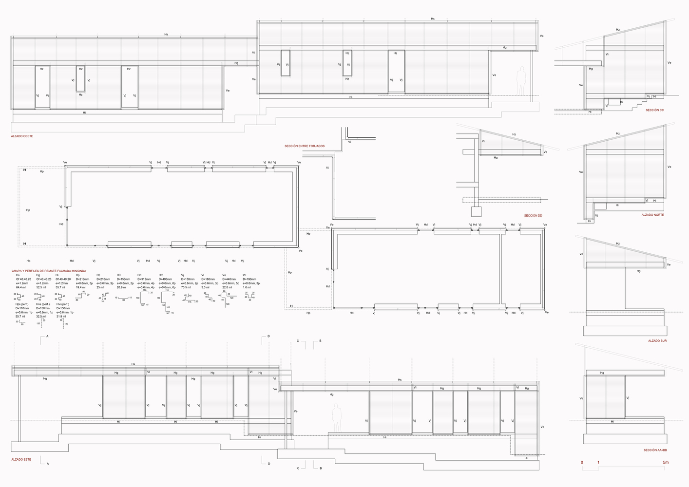 Section drawings illustrating interior spaces with sloped roofs and stepped floor levels