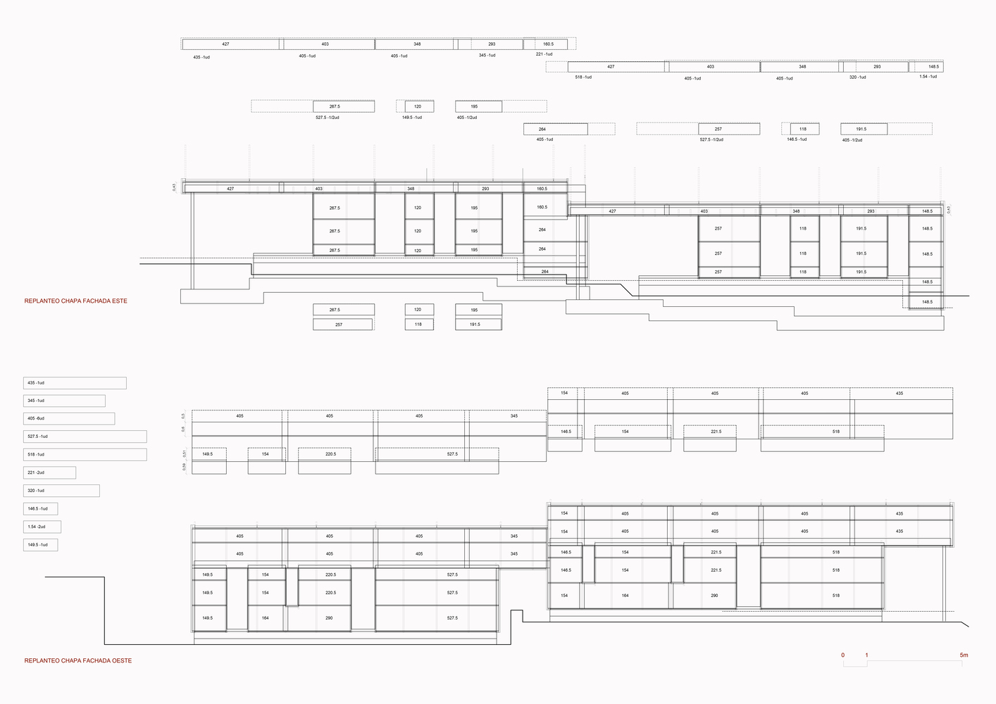Facade elevation drawings displaying modular panel arrangements across east and west faces