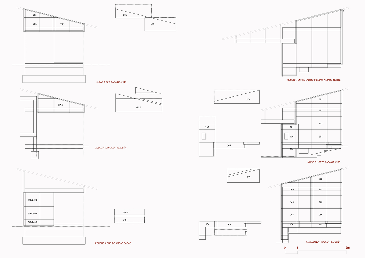 Section drawings showing interior room arrangements with angled rooflines at different orientations