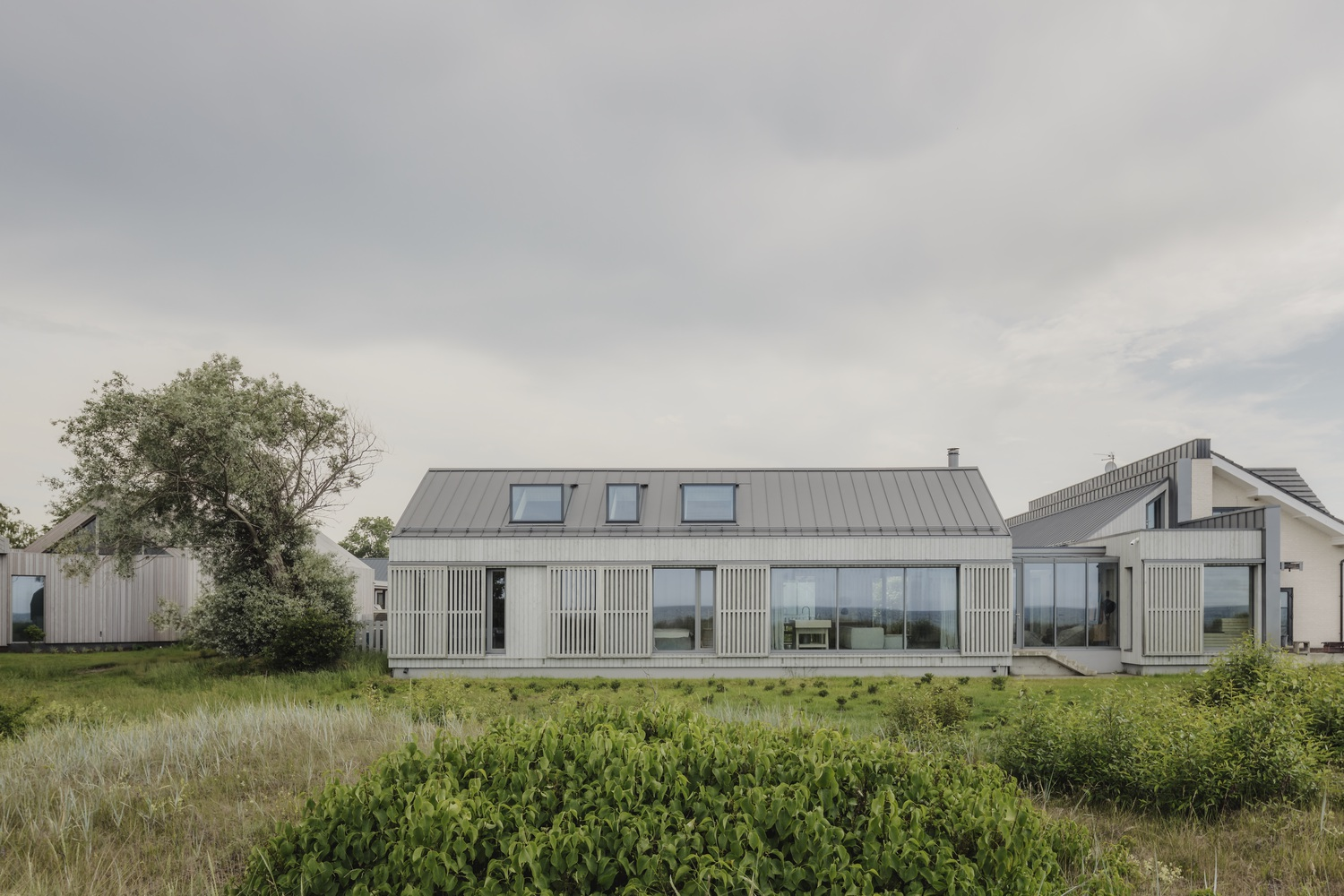 Garden view of the corrugated metal facade with dormer windows under an overcast sky