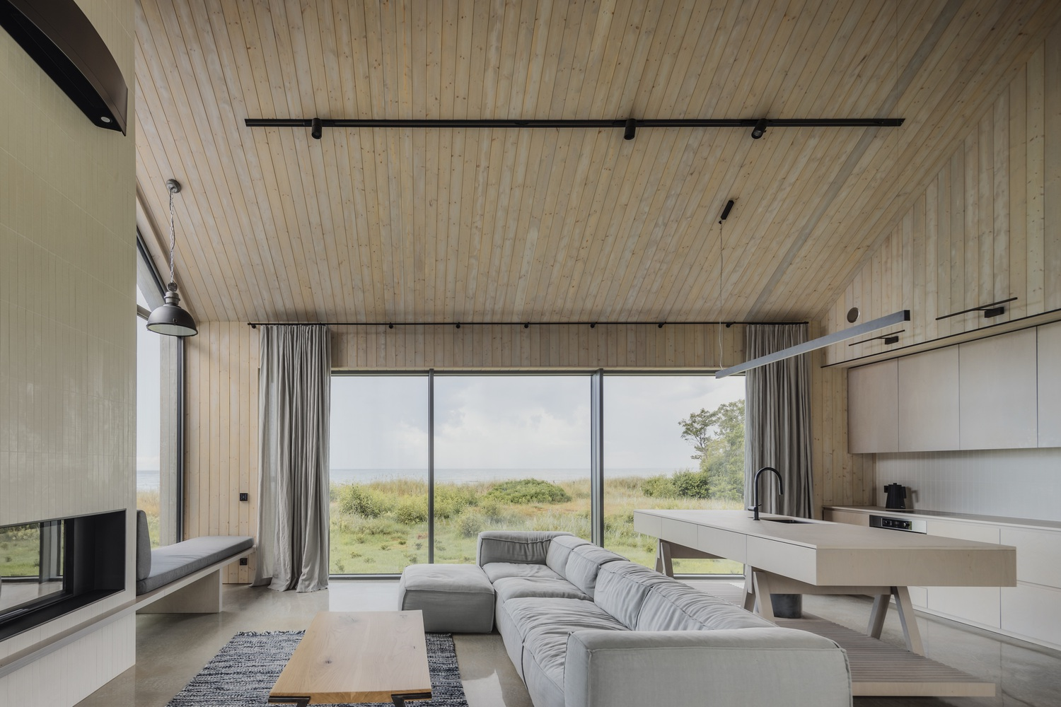 Living area with sloped wood ceiling, full-height glazing overlooking meadow, and fireplace surround