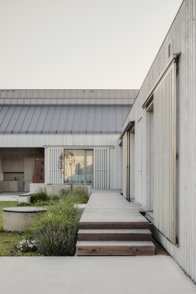 Entry courtyard with timber steps, planted circular concrete planter and vertical-clad volumes at dusk