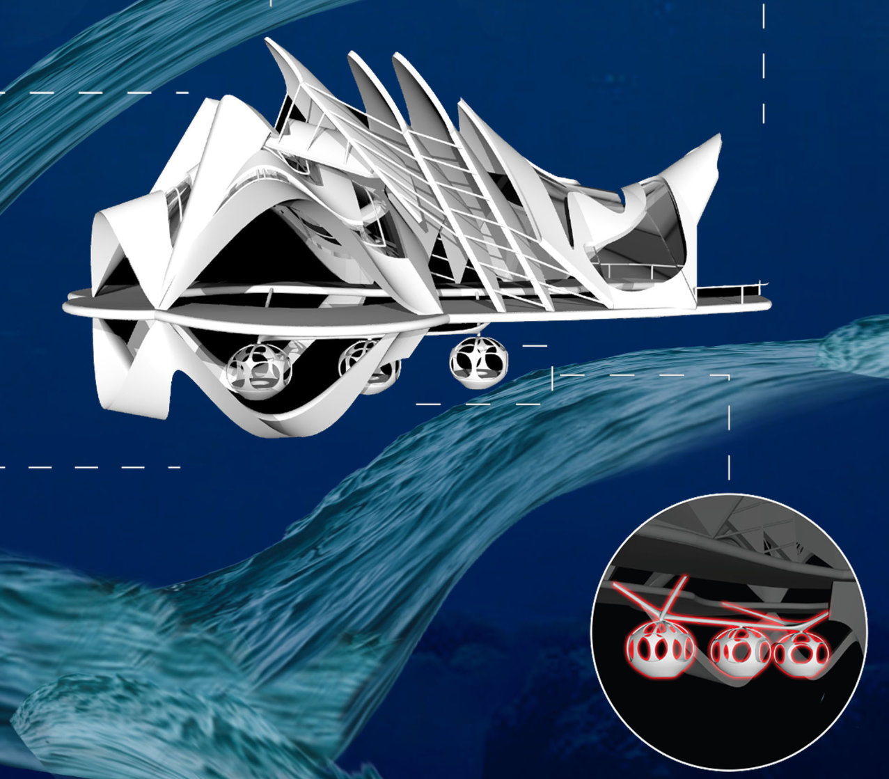  Biomimetic structure integrating lobster-inspired fins and underwater pods for coral reef research.