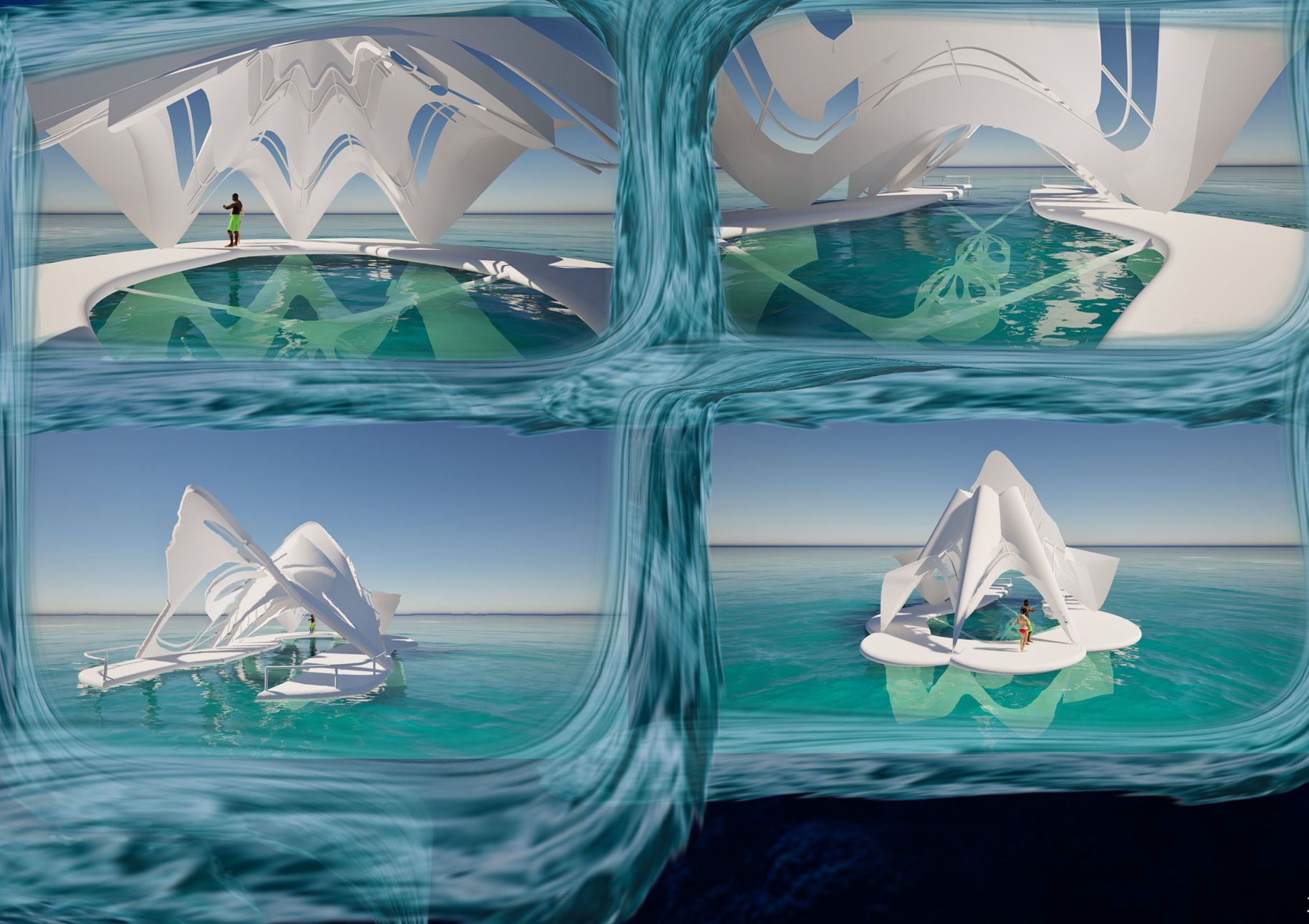 Interior view of underwater observation pods offering immersive, sustainable research experiences.
