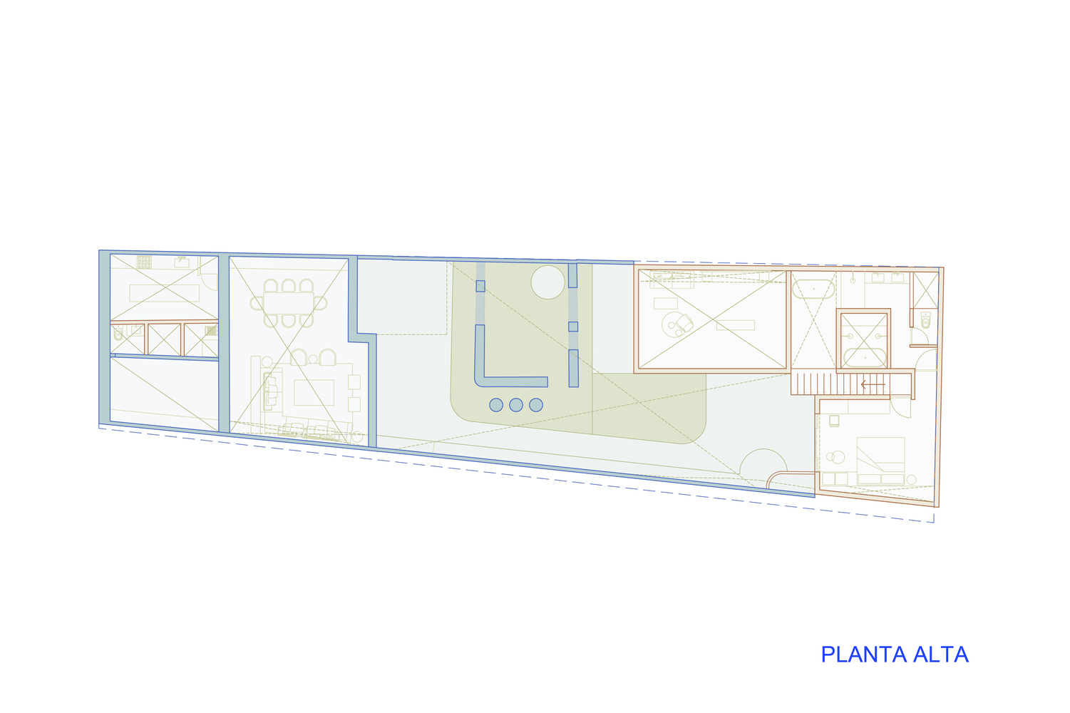 Upper level floor plan drawing showing a central courtyard with pool flanked by interior rooms