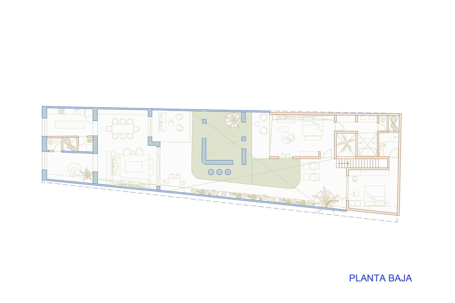 Ground level floor plan drawing showing living spaces arranged along a courtyard with pool