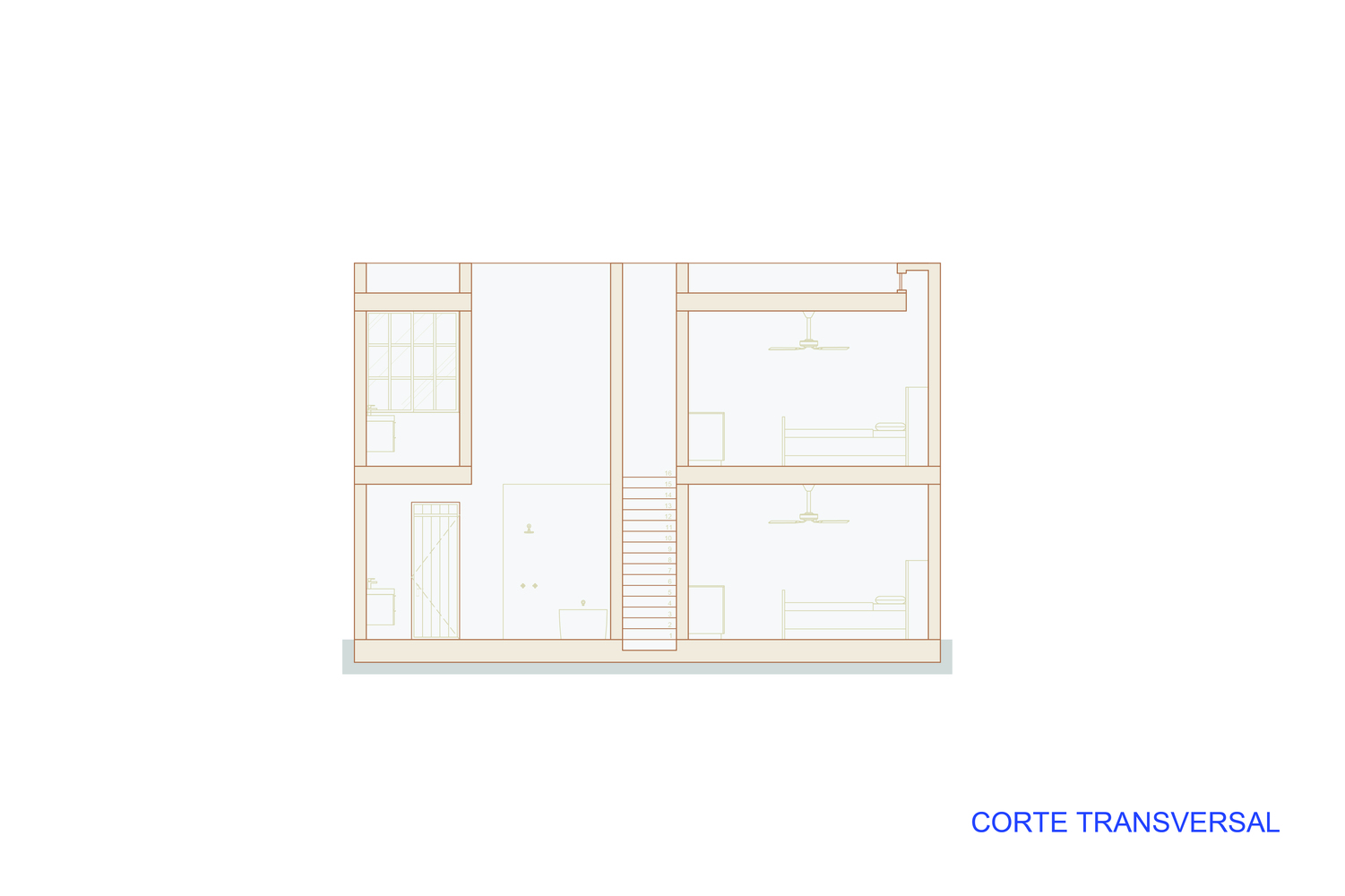 Transverse section drawing showing two levels with staircase connecting spaces and sleeping areas above