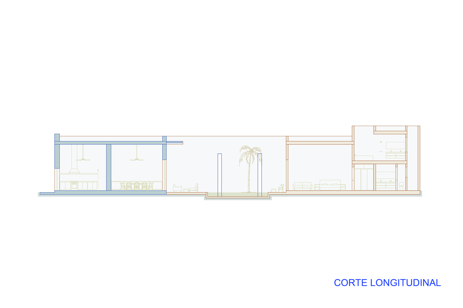 Longitudinal section drawing revealing interior volumes with courtyard and tree at center