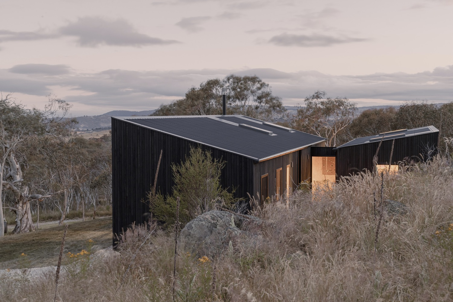 Black corrugated metal volumes nestled into a hillside with native grasses under an overcast dusk sky