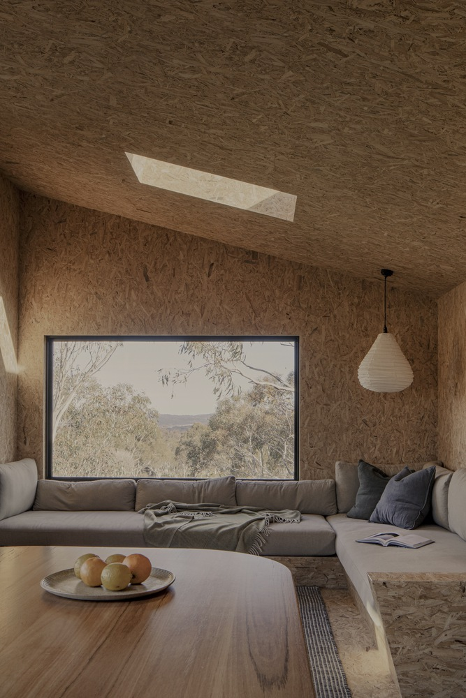 Living room with oriented strand board surfaces and a horizontal window framing the surrounding bushland