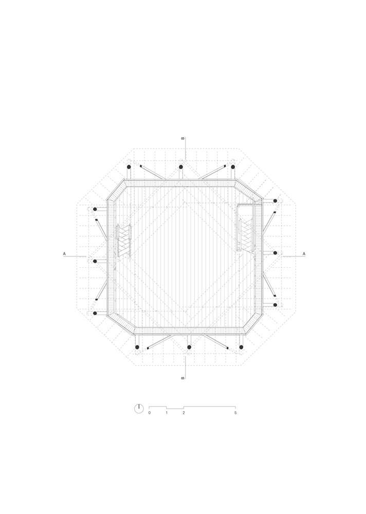 Roof plan drawing depicting an octagonal form with radiating structural elements and vertical access points