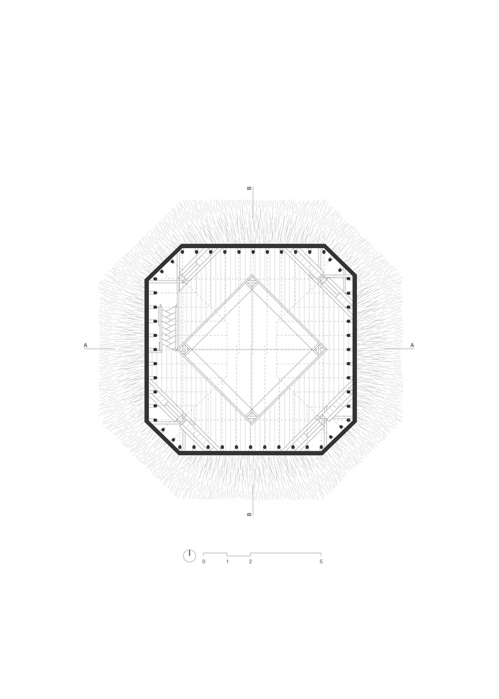 Site plan drawing with octagonal building footprint surrounded by radial landscaping or terrain patterns