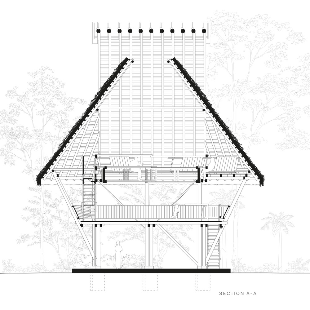 Section drawing revealing a raised triangular roof structure on stilts with staircases amid tree canopy