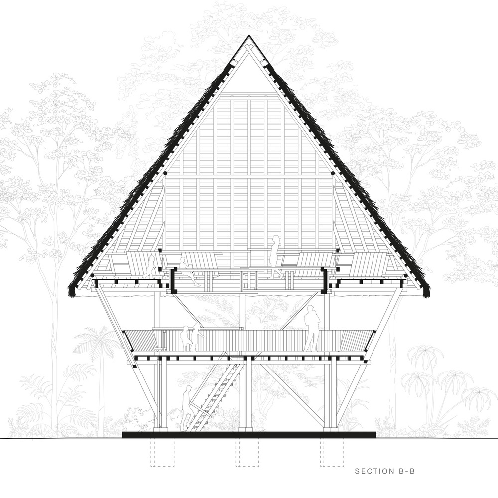 Section drawing showing the steep pitched roof and elevated floor platforms supported by angled bracing
