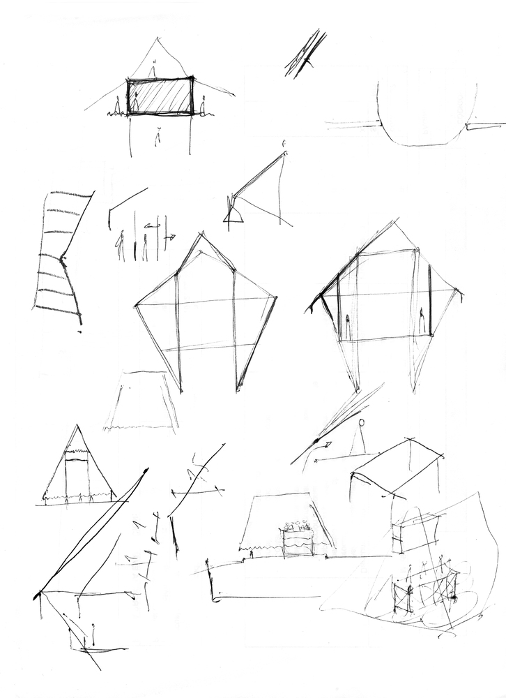 Sketch studies exploring pentagonal and triangular roof forms with various column configurations and human scale figures