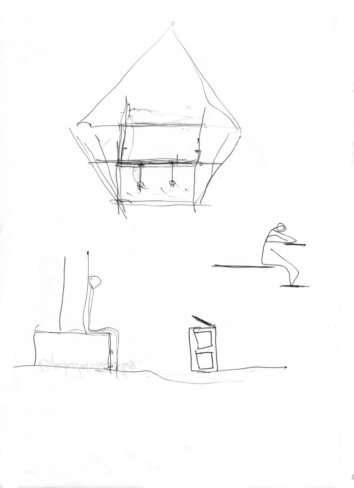 Section sketches showing a pentagonal pitched roof structure with interior space and human figures for scale