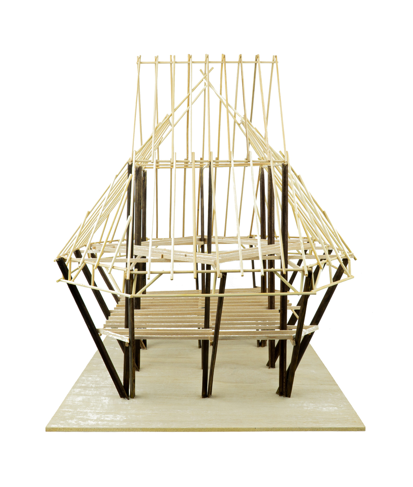 Physical model of a pentagonal timber frame structure with light and dark columns on a white base