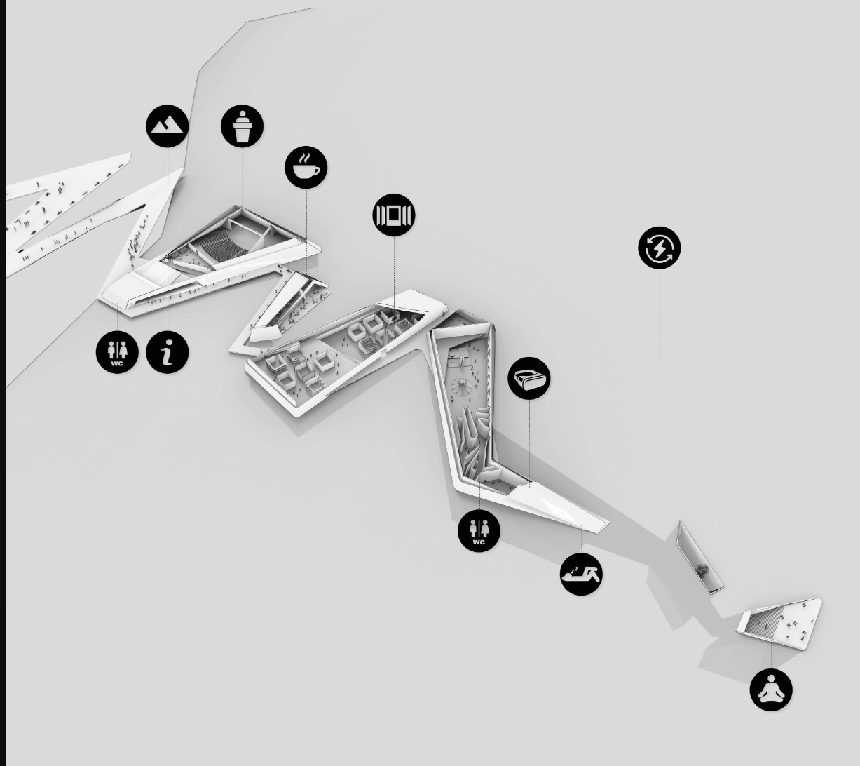 Exploded axonometric drawing showing three angular floor levels with programmatic icons labeling different zones