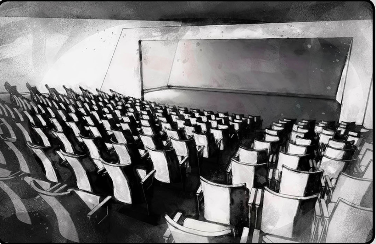 Rows of folding black and white chairs in a raked auditorium with angled concrete walls