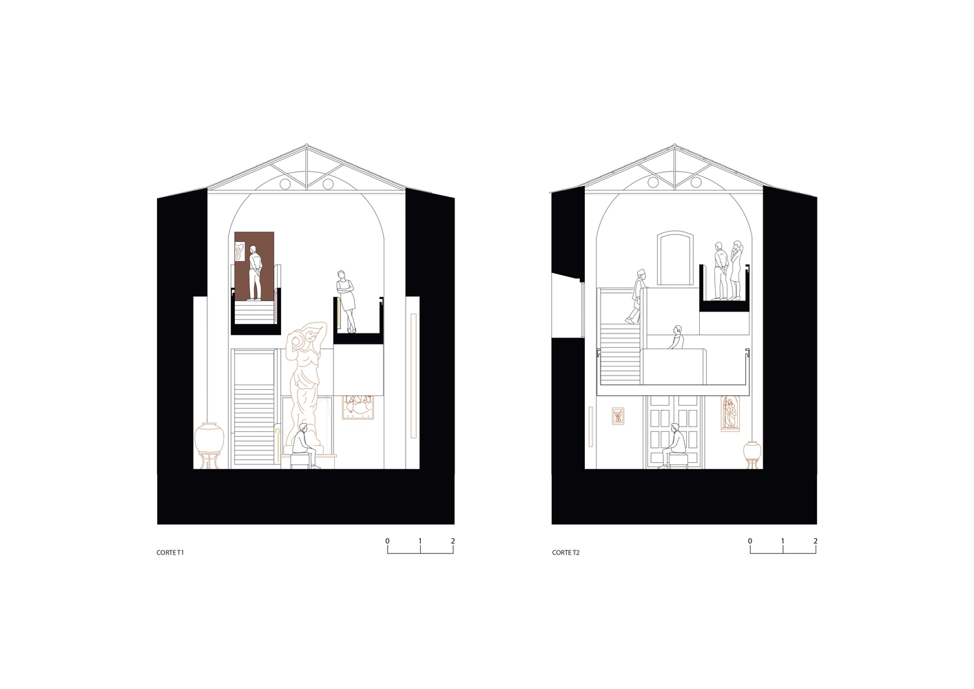 Two transverse section drawings showing vaulted interior spaces with inserted stair volumes and figures