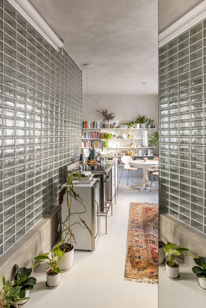 Corridor with glass block walls on both sides and potted plants along the concrete base